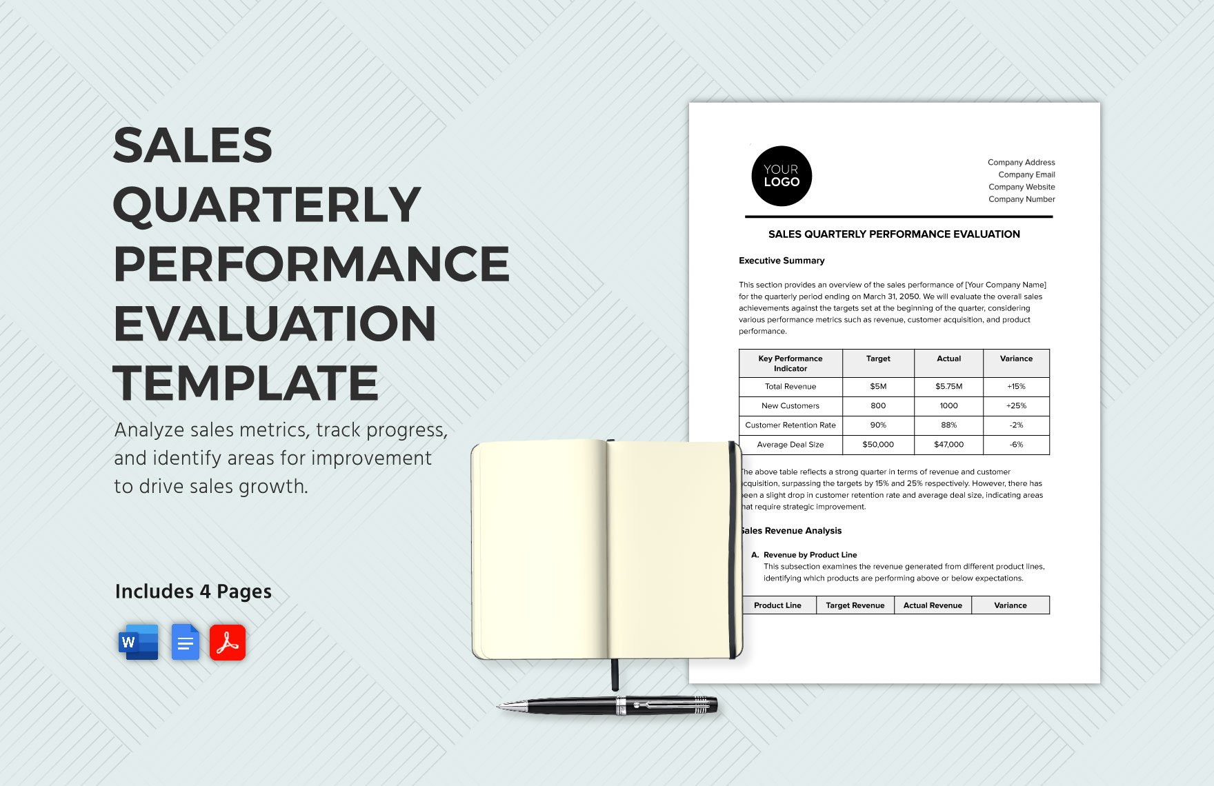 Sales Quarterly Performance Evaluation Template in Word, Google Docs, PDF