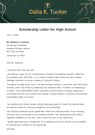 Free Scholarship Letter for High School Template to Edit Online