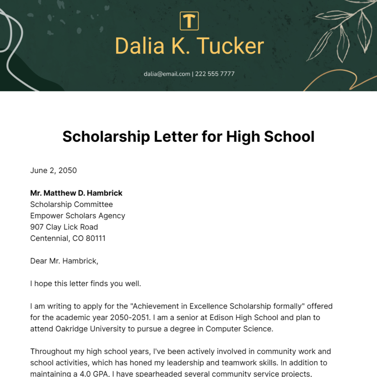 Free Scholarship Letter for High School Template