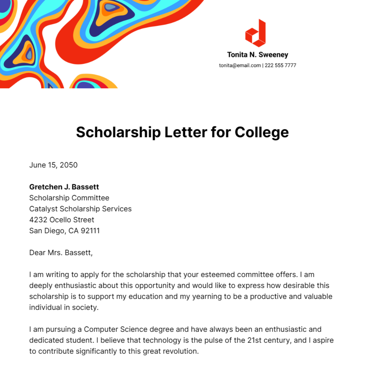 Free Scholarship Letter for College Template