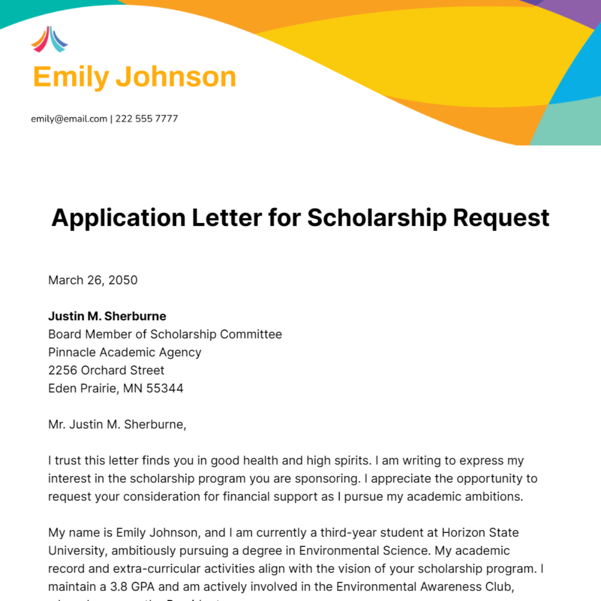 Free Application Letter for Scholarship Request Template