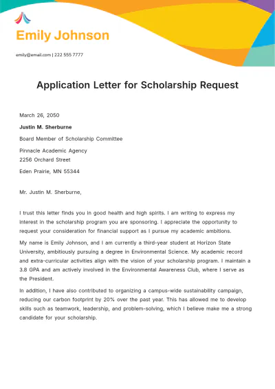 Free Application Letter for Scholarship Request Template to Edit Online