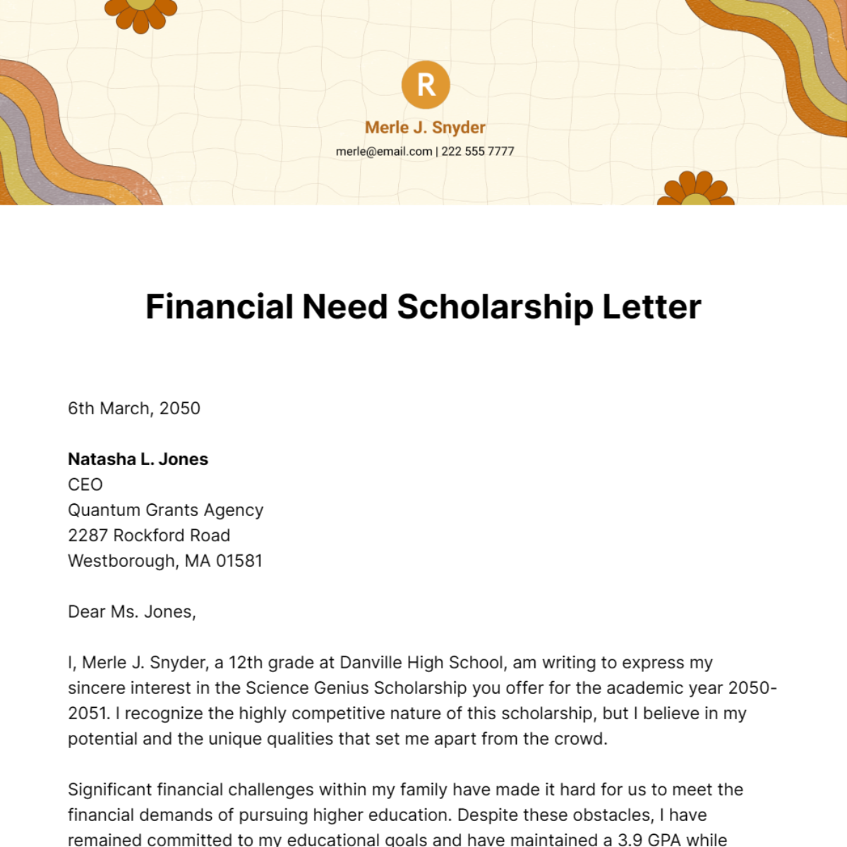 Financial need Scholarship Letter Template