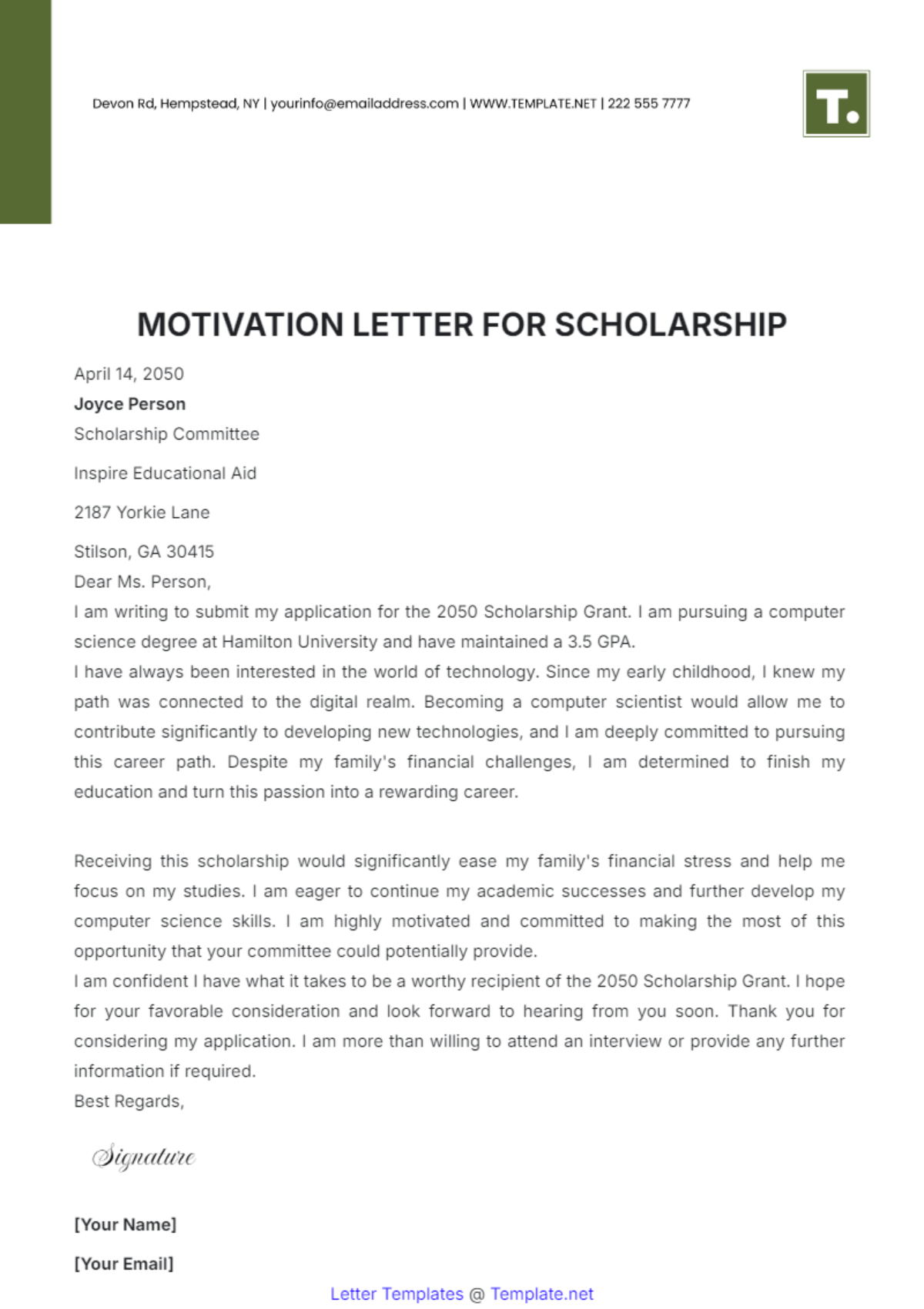 Motivation Letter for Scholarship Template