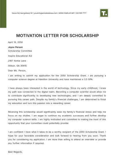 Free Motivation Letter for Scholarship Template to Edit Online
