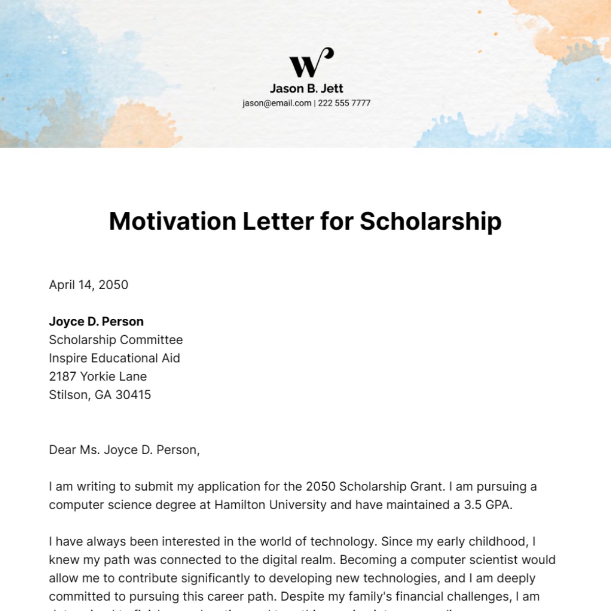 Free Motivation Letter for Scholarship Template