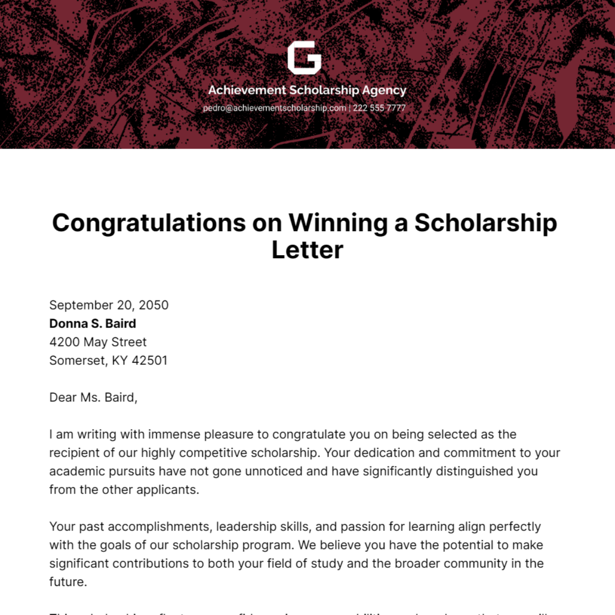 Congratulations on Winning a Scholarship Letter Template