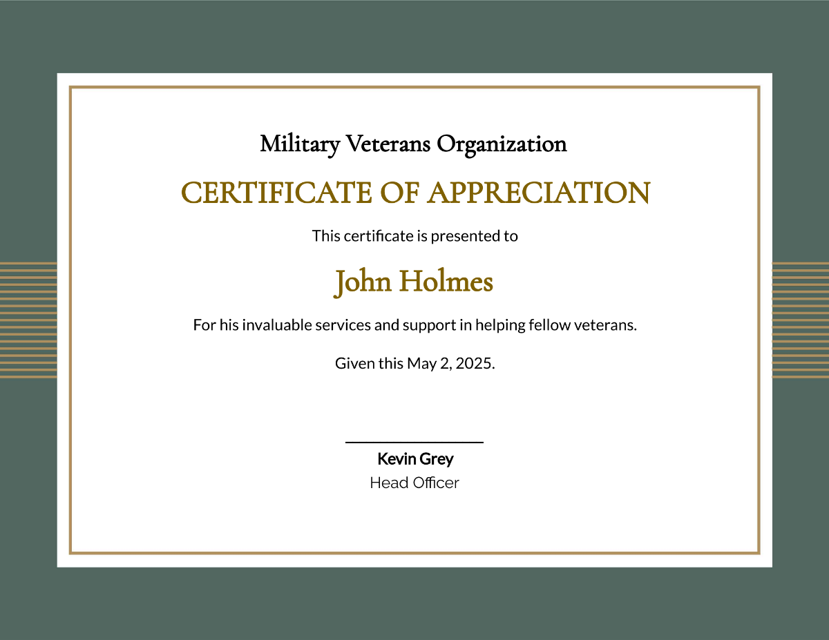 Military Certificate of Appreciation Template