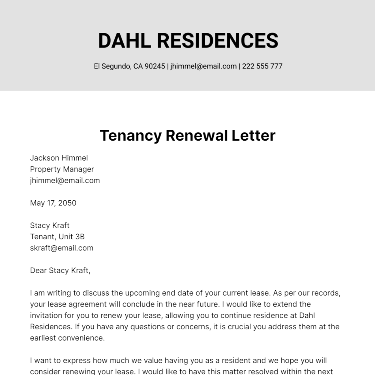 Tenancy Renewal Letter   Template