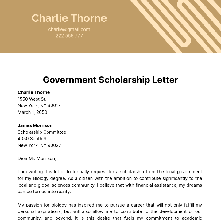 scholarship application letter for governor