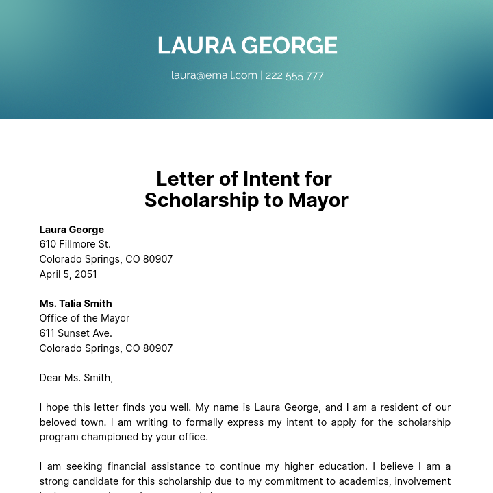 Free Letter of Intent for Scholarship to Mayor Template