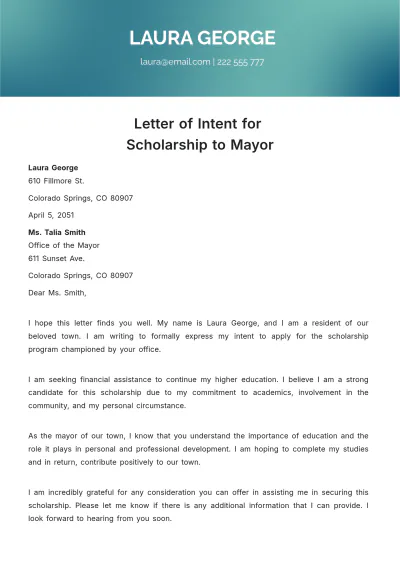 Free Letter of Intent for Scholarship to Mayor Template to Edit Online