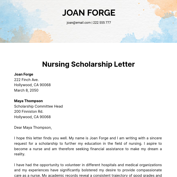 Nursing Scholarship Letter Template