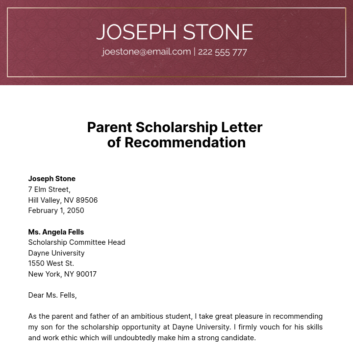 Parent Scholarship Letter of Recommendation Template