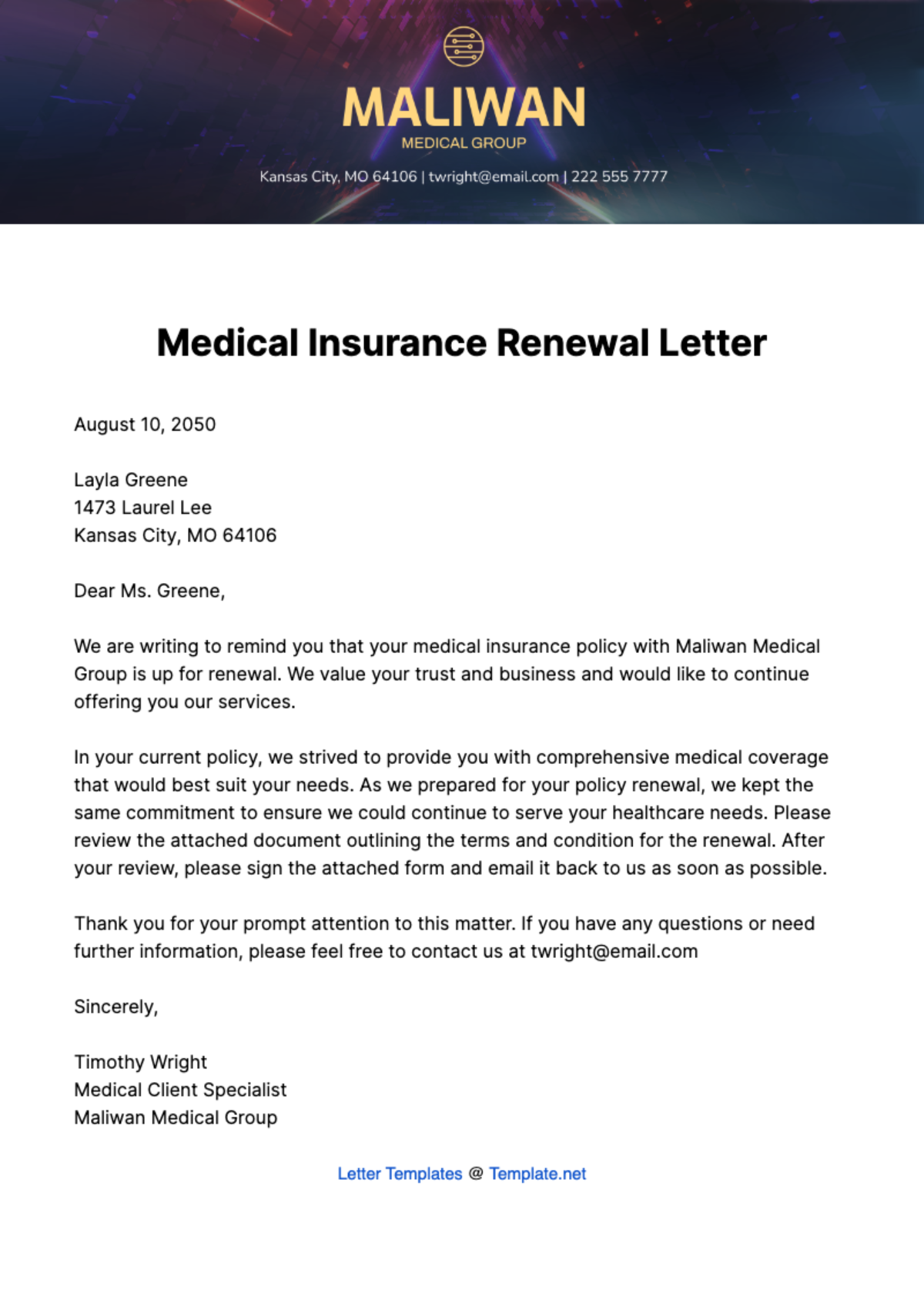Free Medical Insurance Renewal Letter   Template