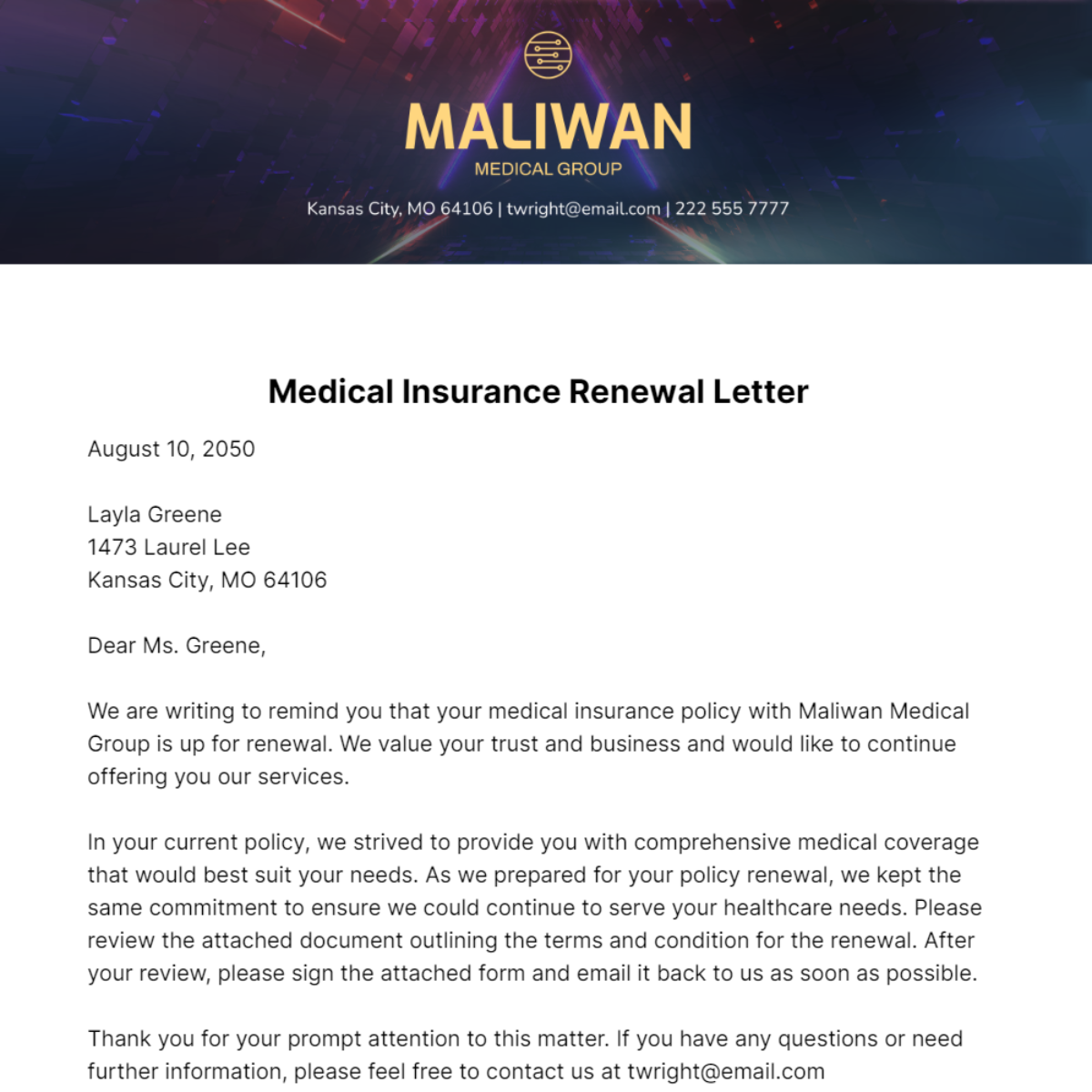 Medical Insurance Renewal Letter   Template