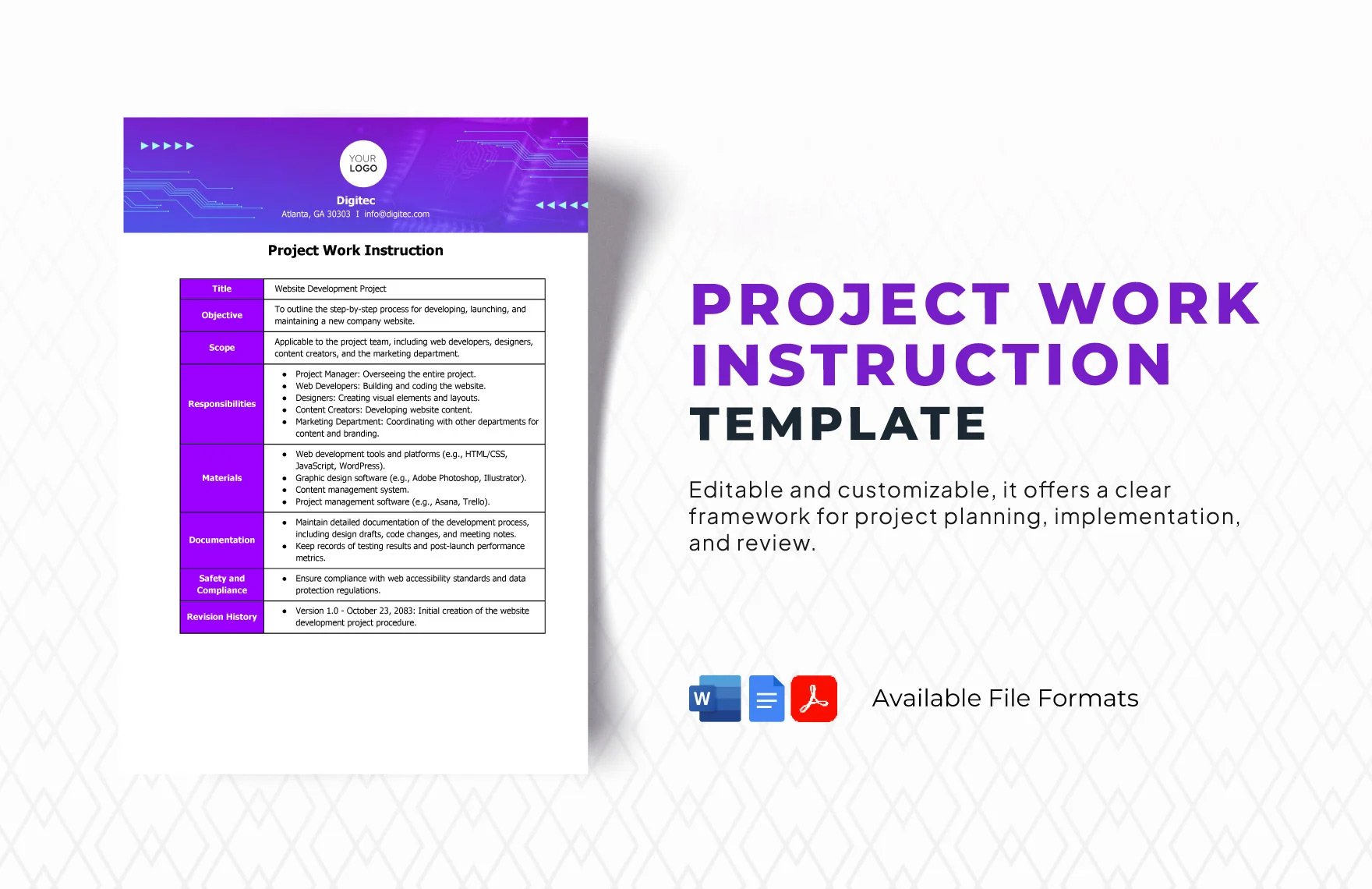 Free Project Work Instruction Template in Word, Google Docs, PDF