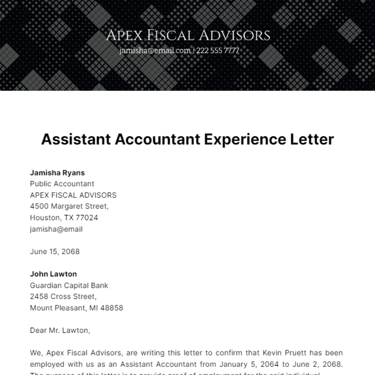 Assistant Accountant Experience Letter Template