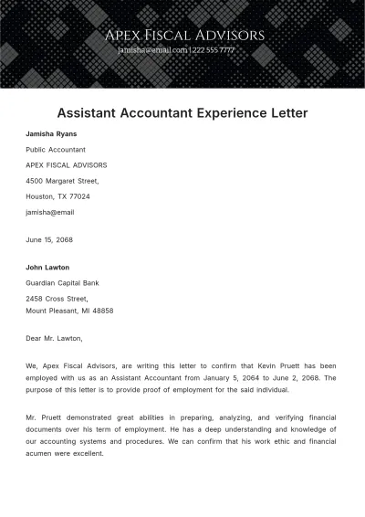 Free Assistant Accountant Experience Letter Template to Edit Online