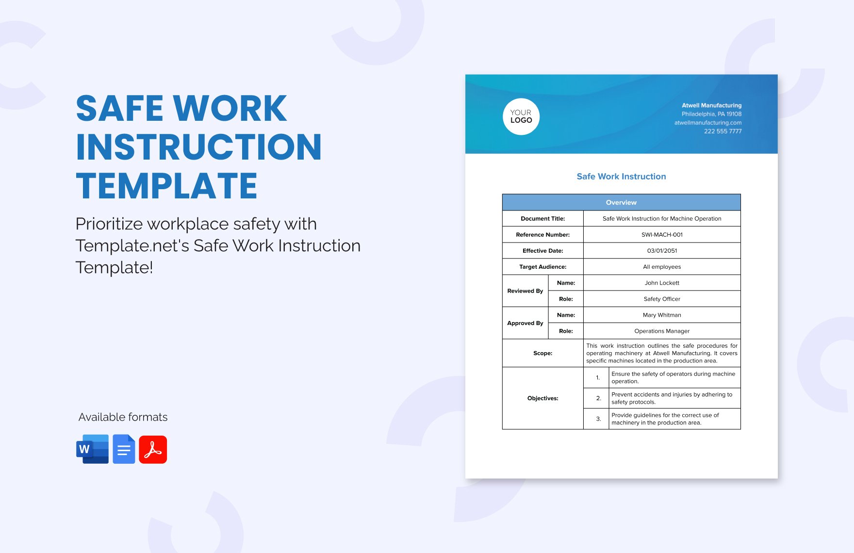 Safe Work Instruction Template in Word, Google Docs, PDF