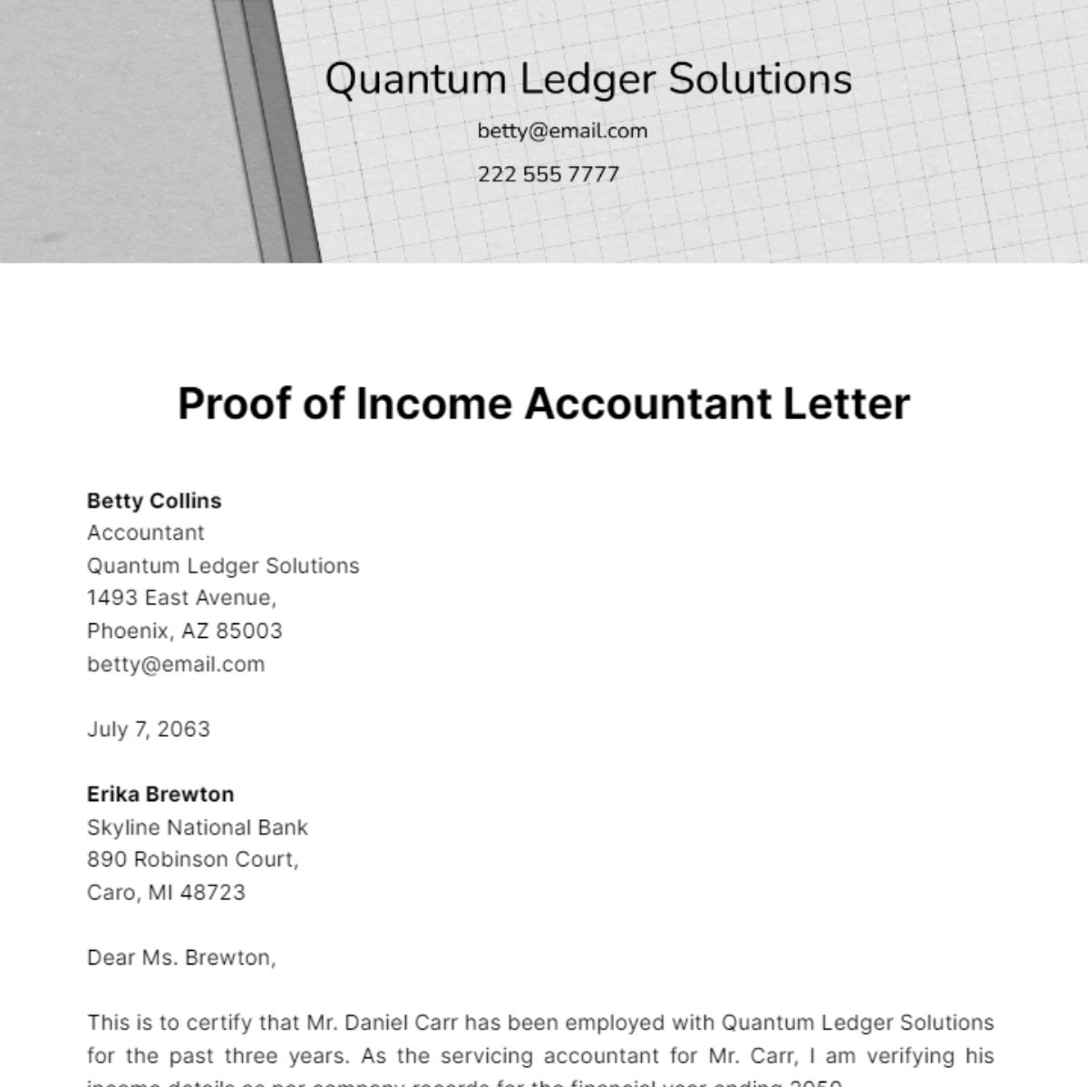 Proof of Income Accountant Letter Template