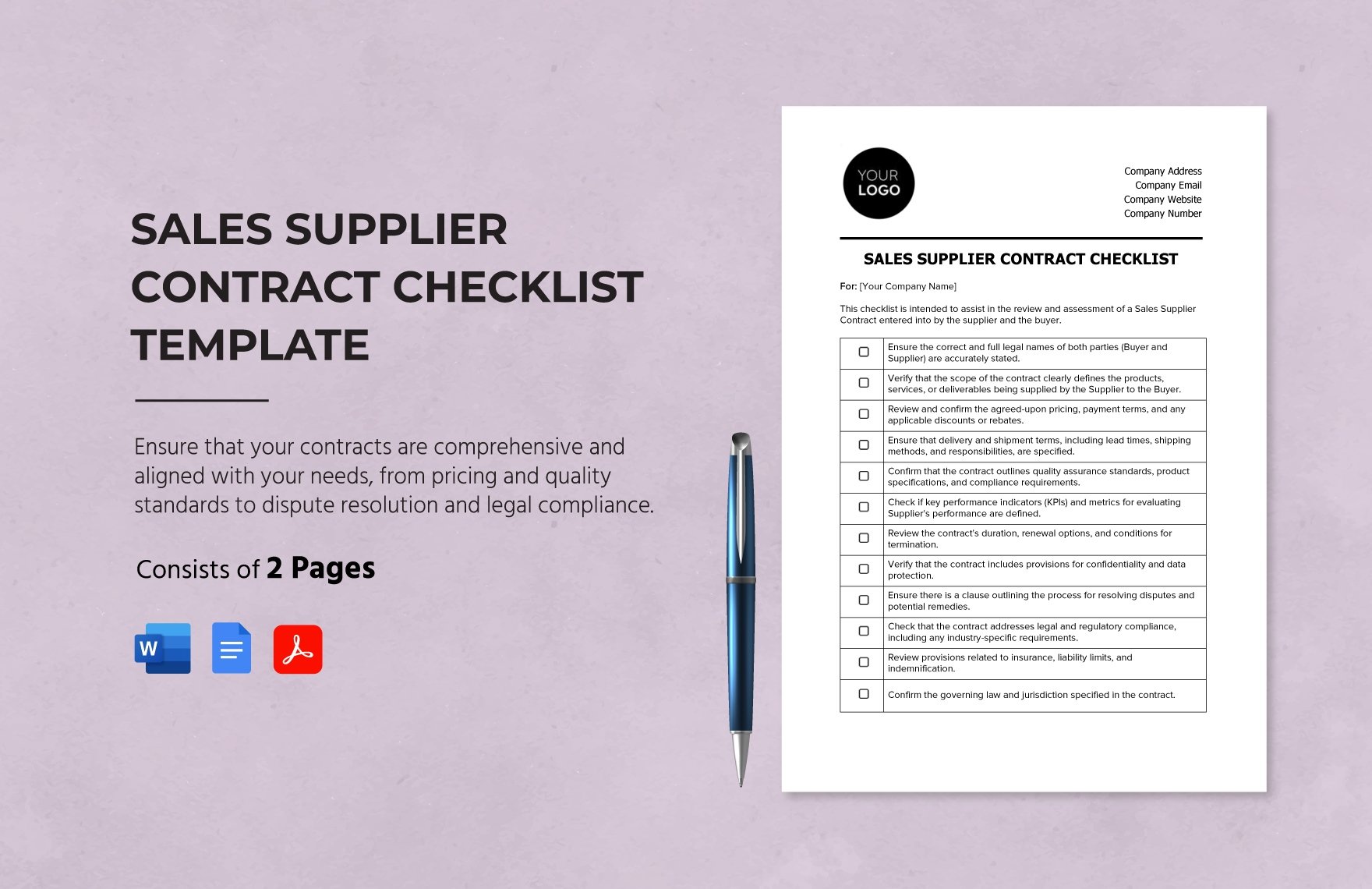 Sales Supplier Contract Checklist Template in Word, Google Docs, PDF