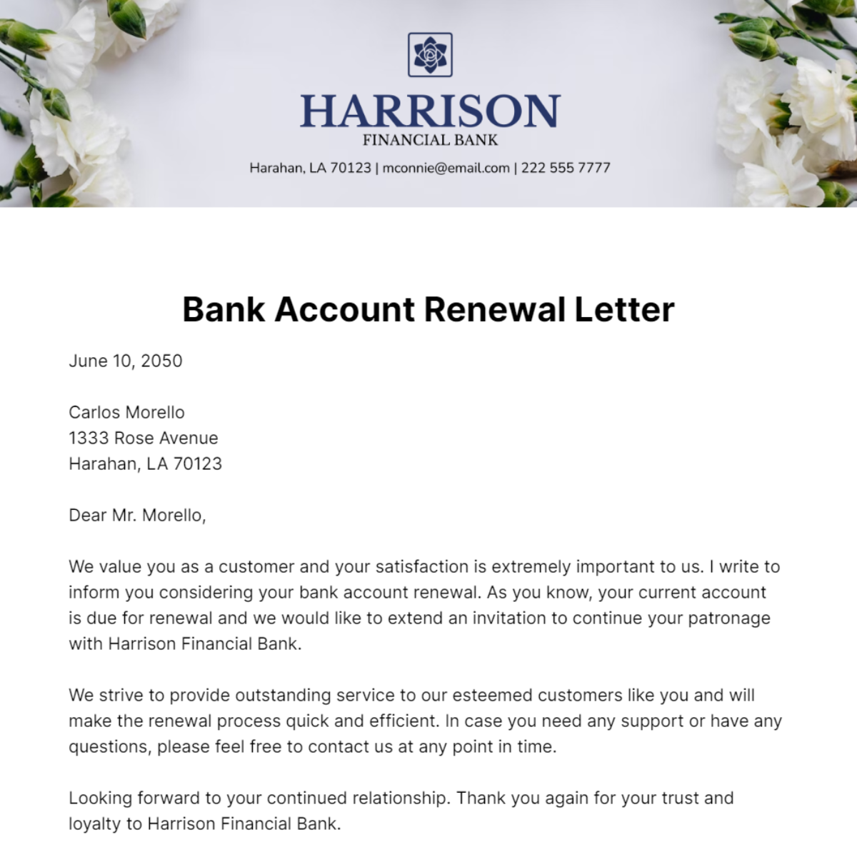 Bank Account Renewal Letter   Template