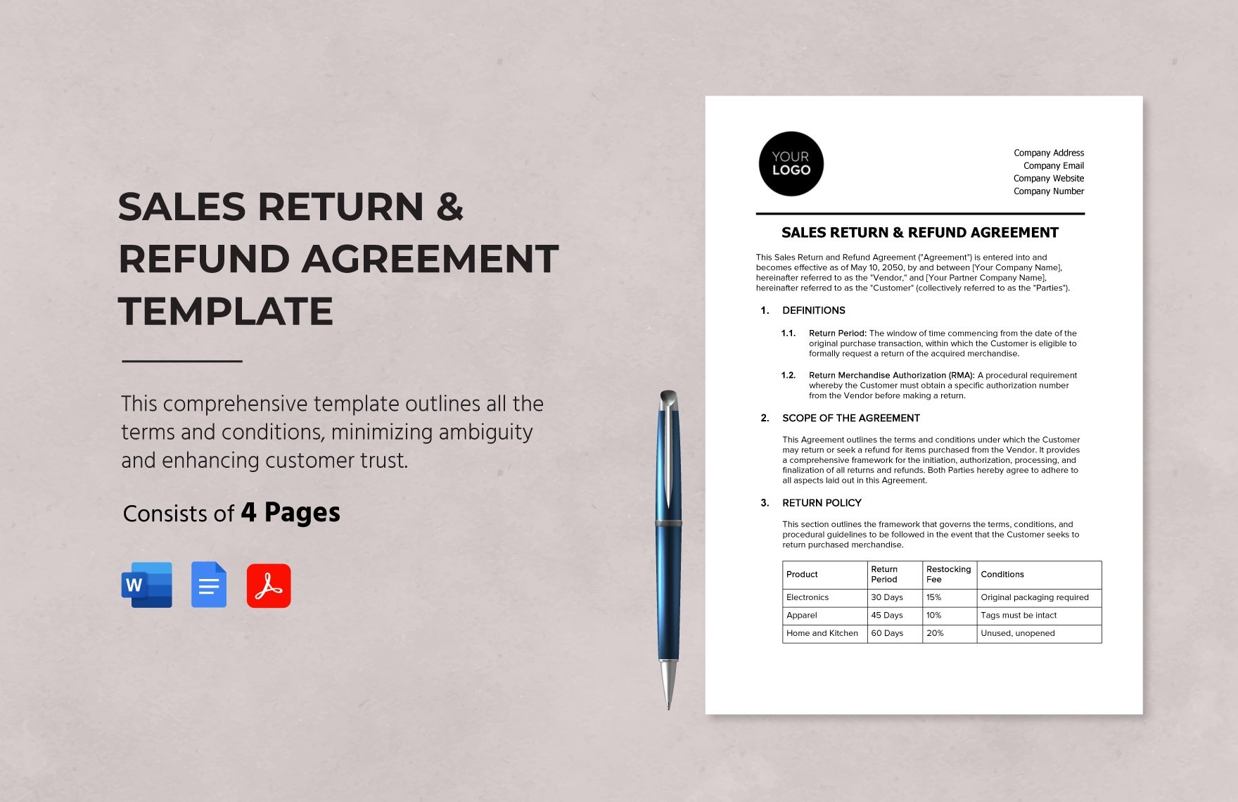 Sales Return & Refund Agreement Template in Word, Google Docs, PDF