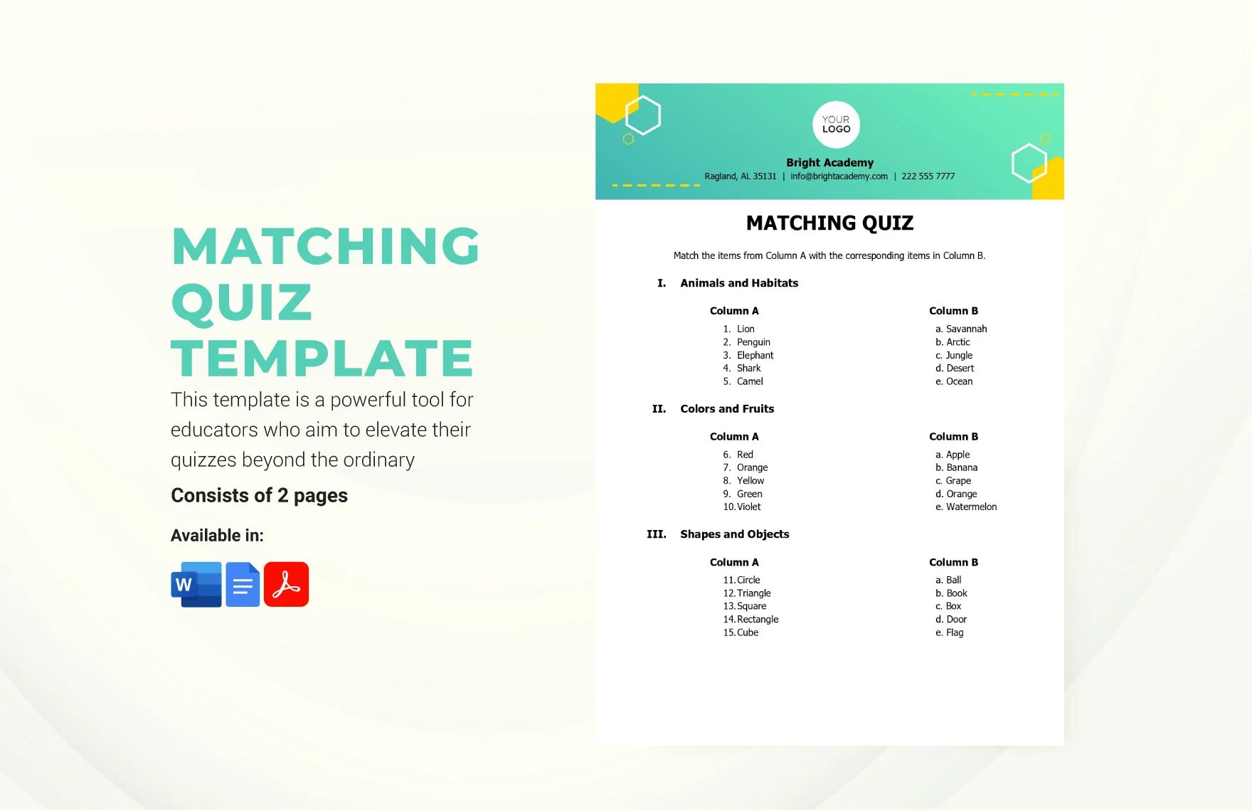 Matching Quiz Template in Word, Google Docs, PDF