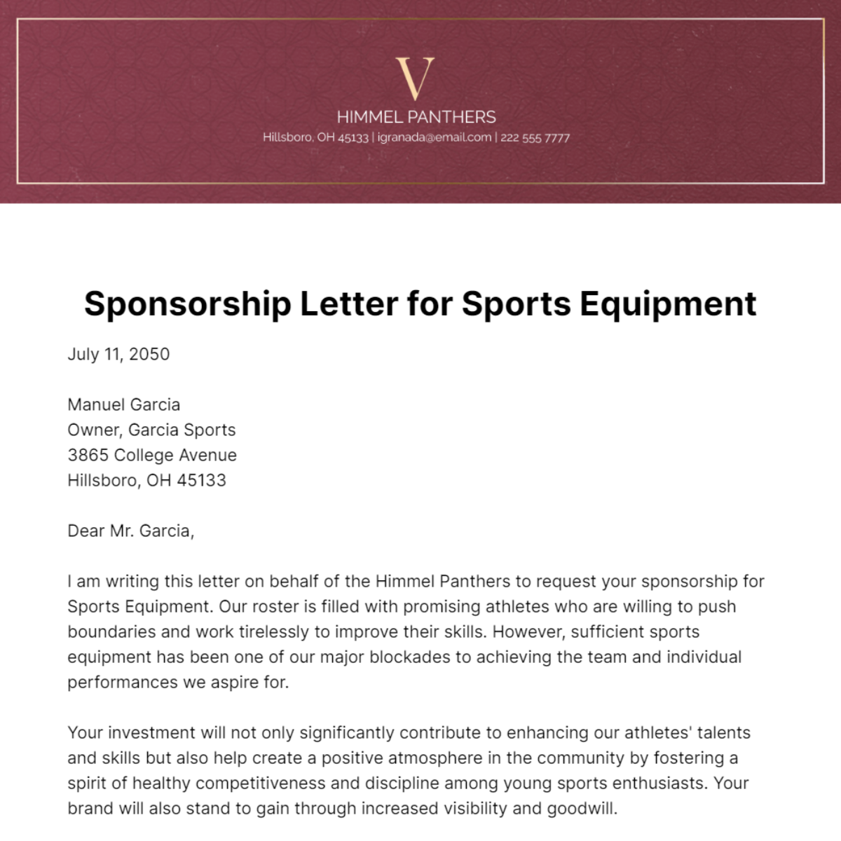Sponsorship Letter for Sports Equipment   Template