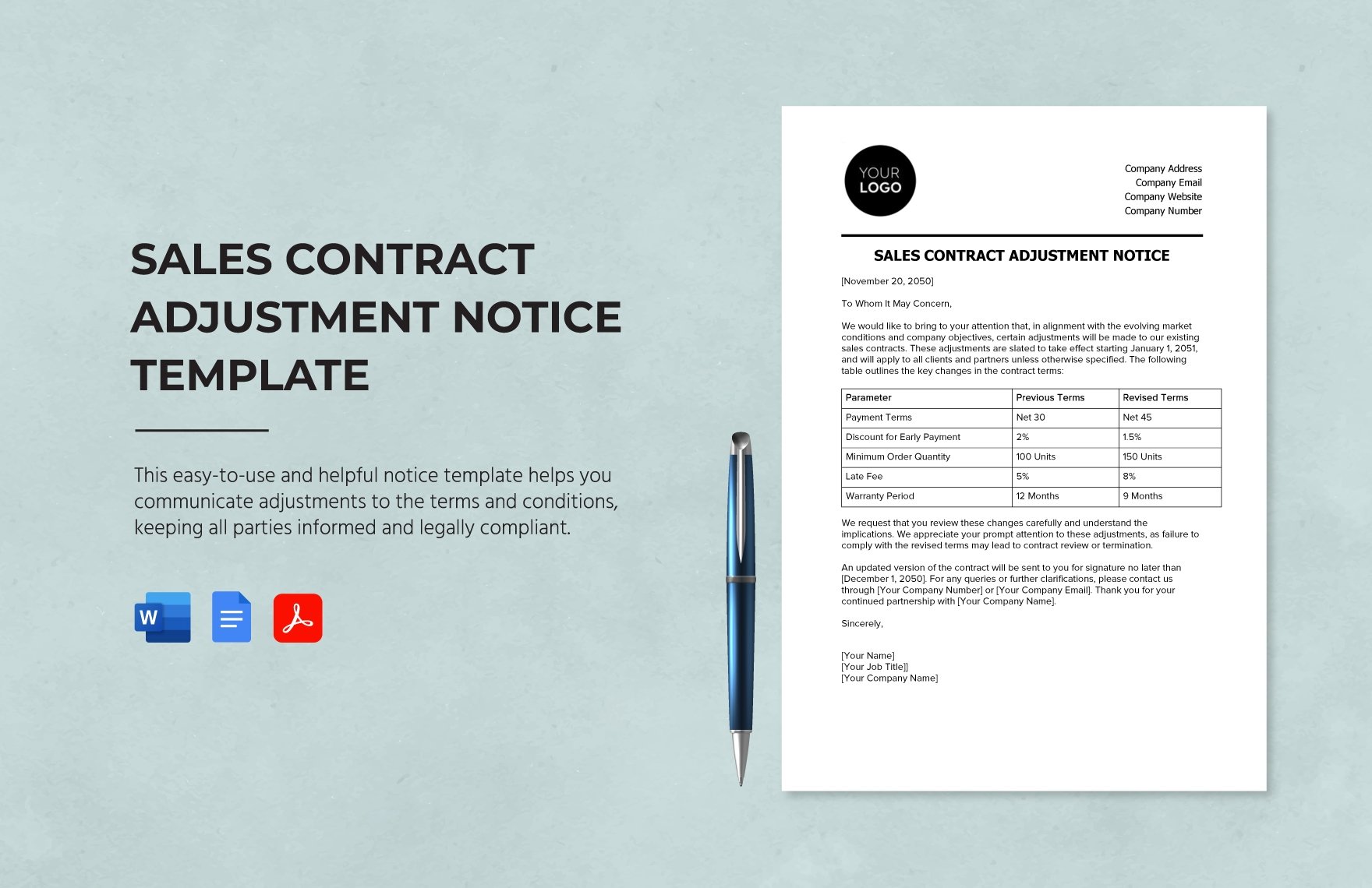 Sales Contract Adjustment Notice Template