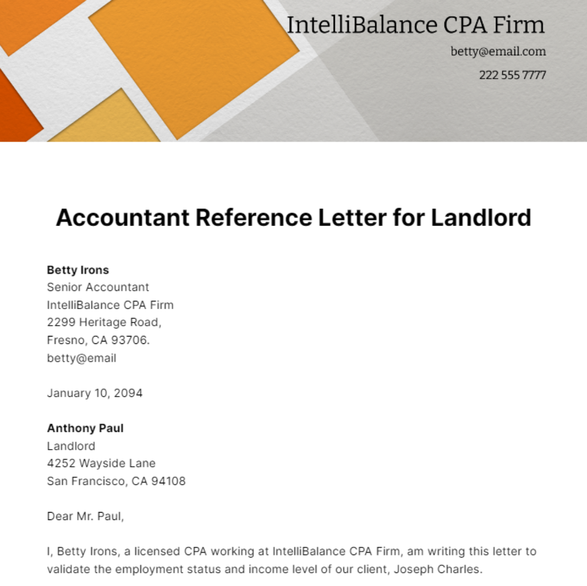 Accountant Reference Letter for Landlord Template