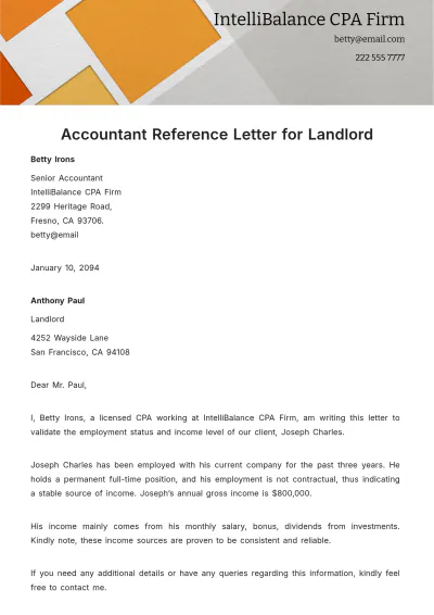 Free Accountant Reference Letter for Landlord Template to Edit Online