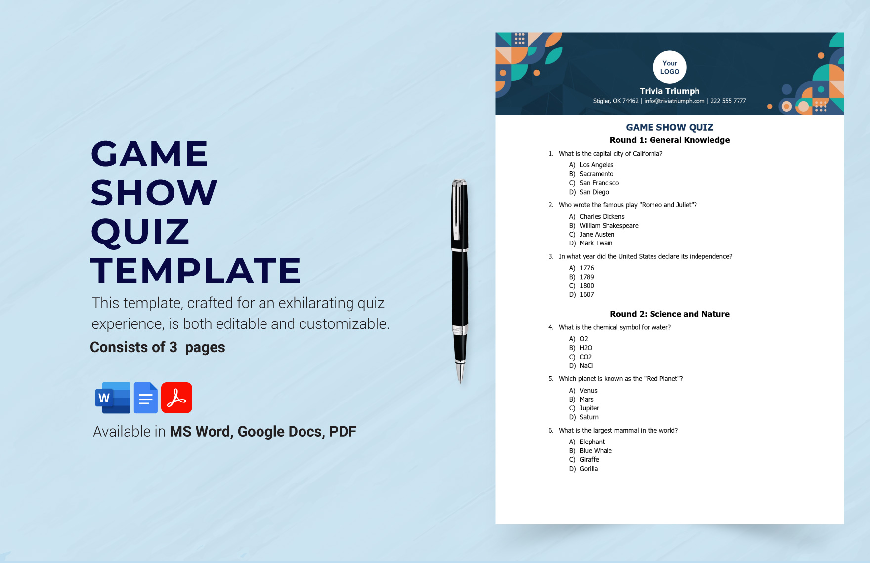 Editable Quiz Templates In PDF To Download Editable Quiz Templates In PDF To Download