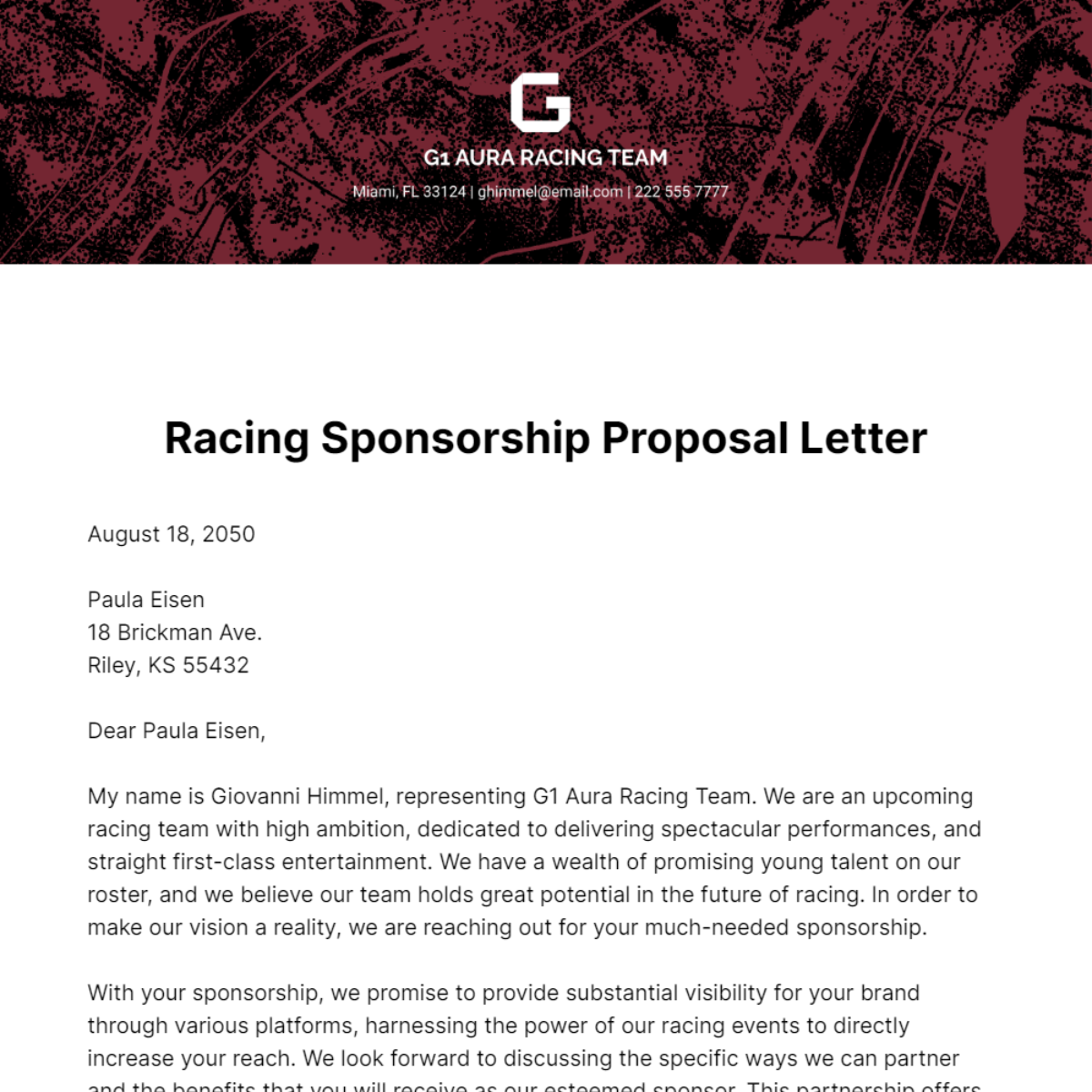 Free Racing Sponsorship Proposal Letter   Template
