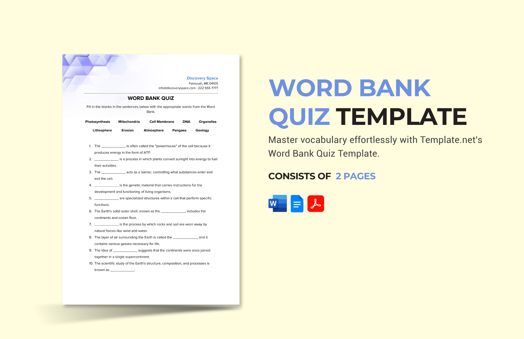 Word Bank Quiz Template in Word, Google Docs, PDF