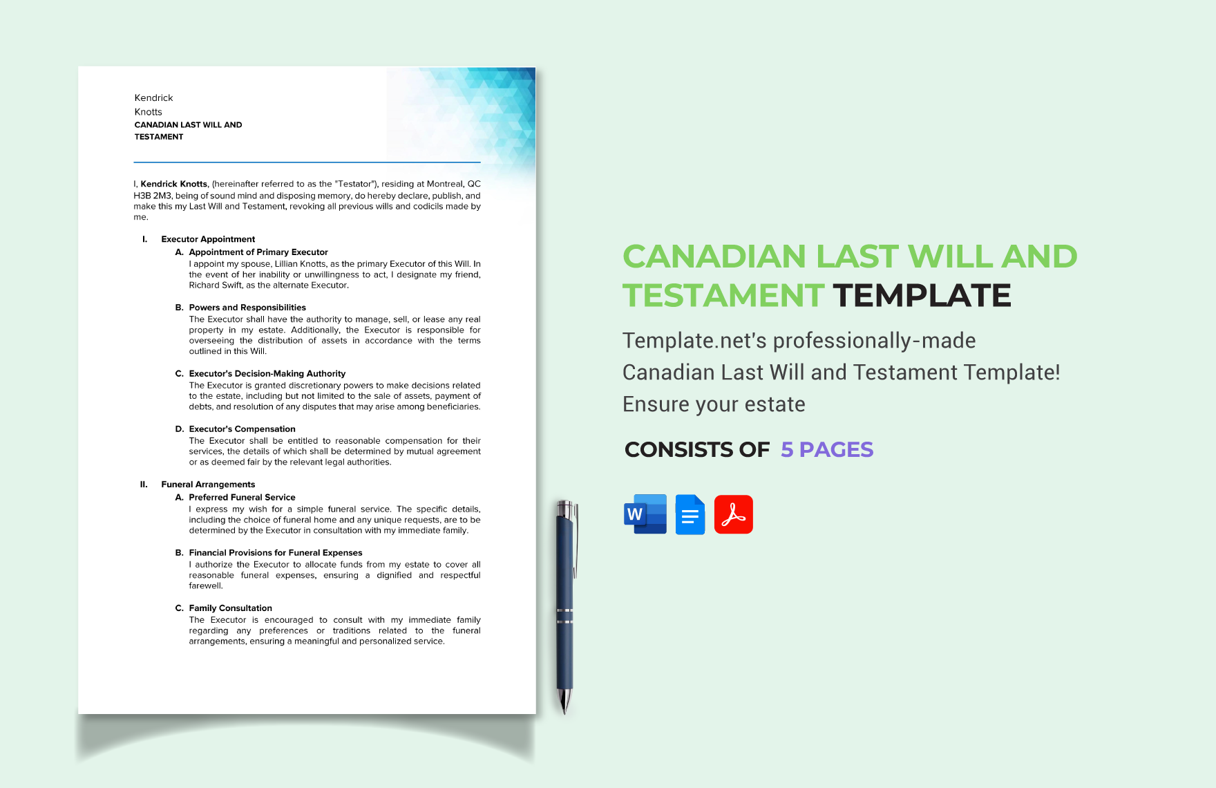 Canadian Last Will and Testament Template