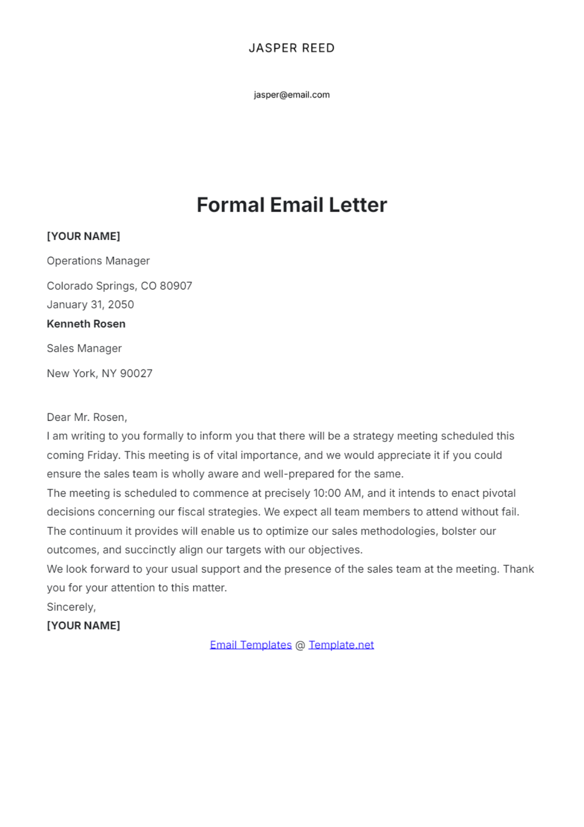 Formal Email Letter Template