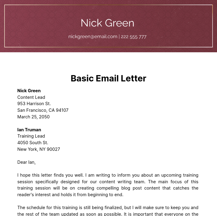 Basic Email Letter Template