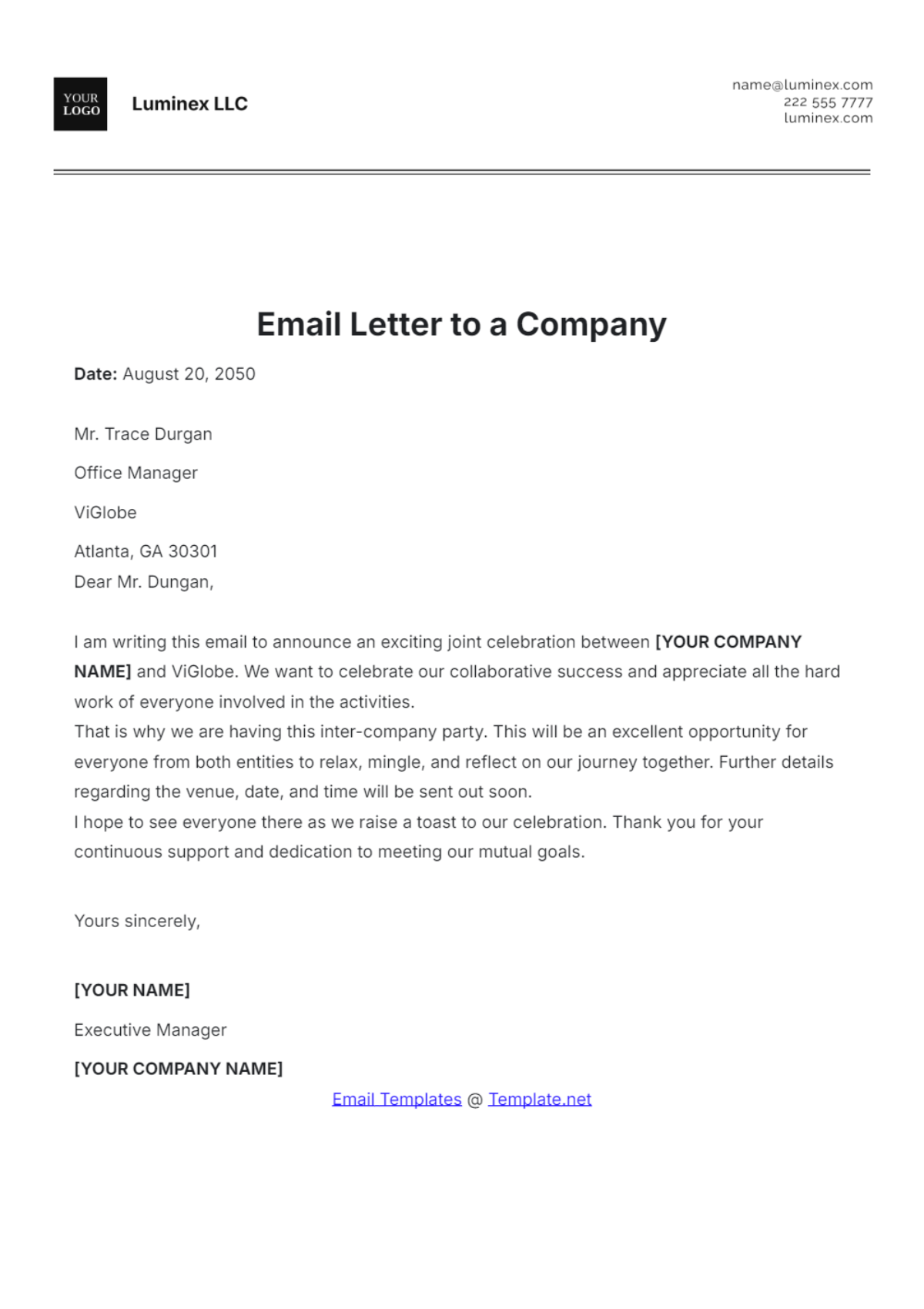 Email Letter to a Company Template