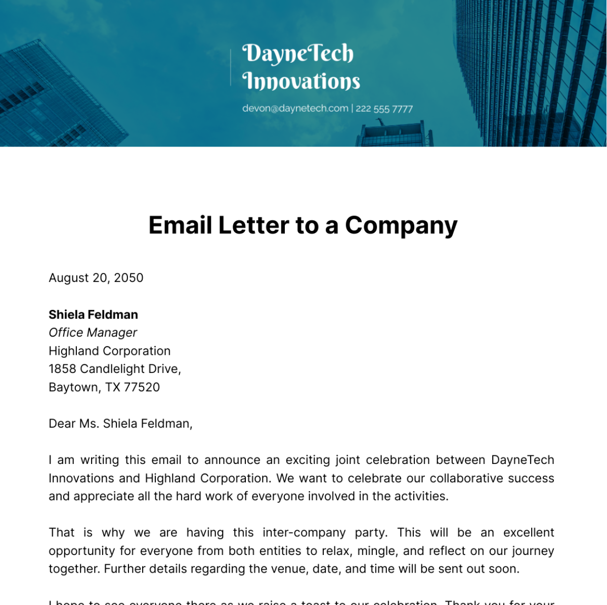 Email Letter to a Company Template