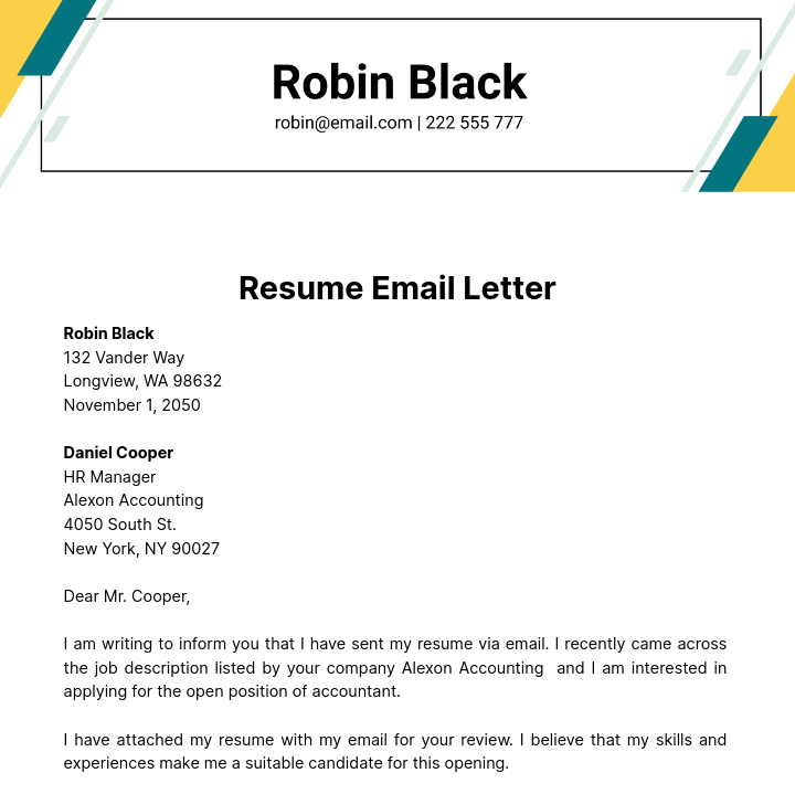 Resume Email Letter Template