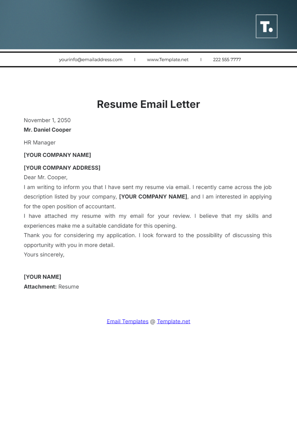 Resume Email Letter Template