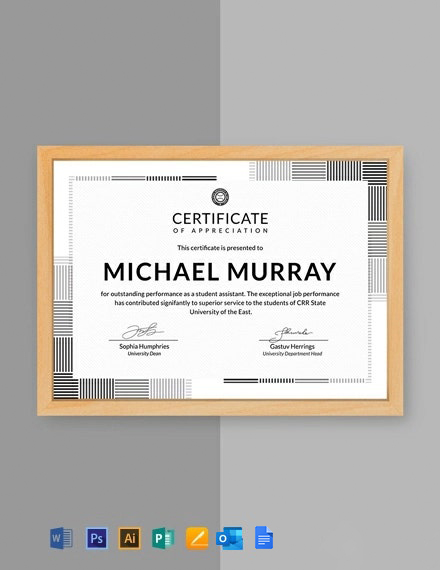 Formal Certificate of Appreciation Template - Google Docs, Illustrator, Word, Outlook, Apple Pages, PSD, Publisher