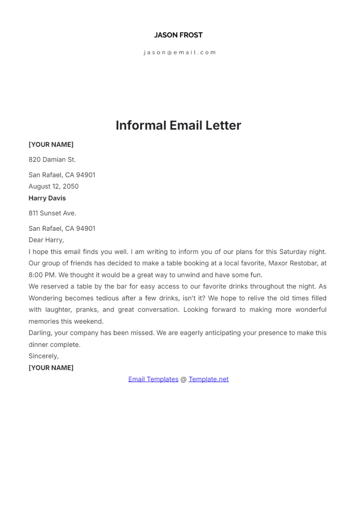 Informal Email Letter Template