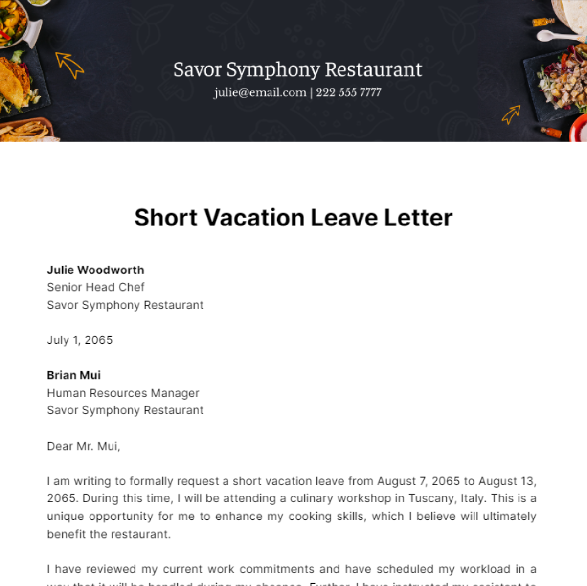 Short Vacation Leave Letter Template