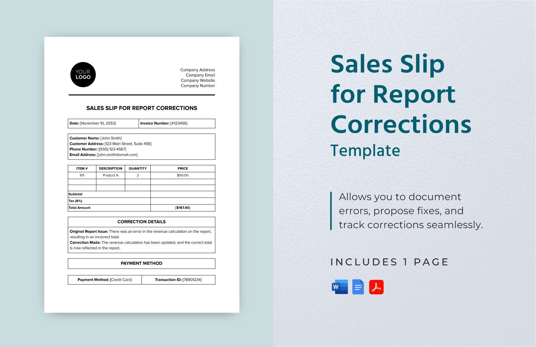 Sales Slip for Report Corrections Template in Word, Google Docs, PDF