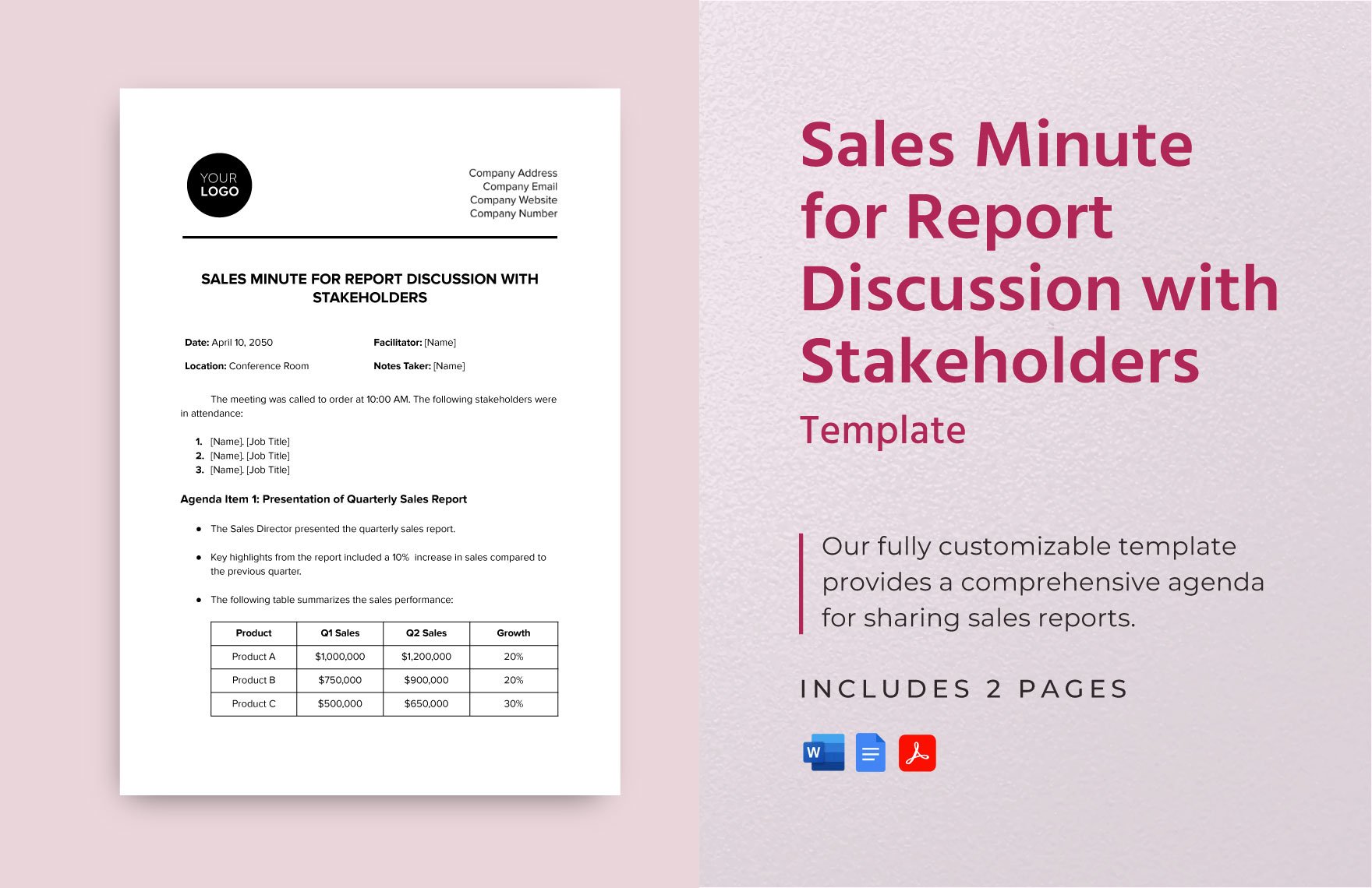 Sales Minute for Report Discussion with Stakeholders Template in Word, Google Docs, PDF