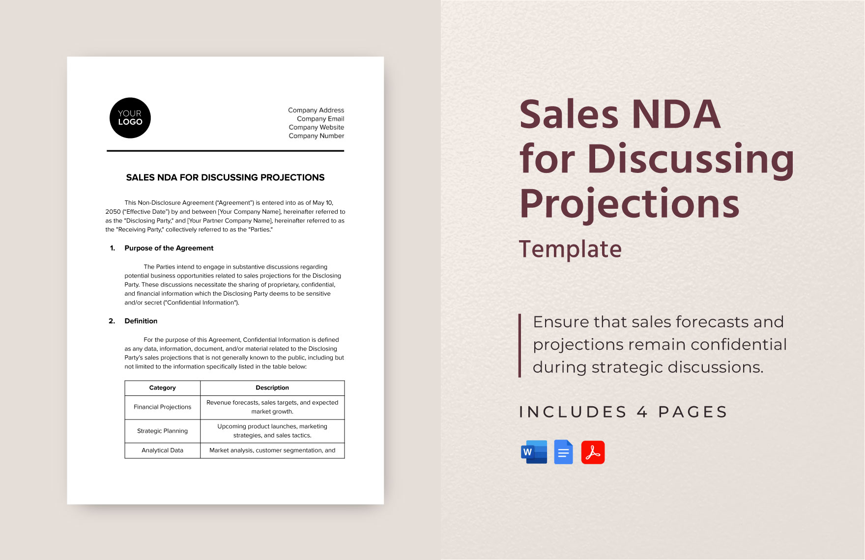 Sales NDA for Discussing Projections Template in Word, Google Docs, PDF