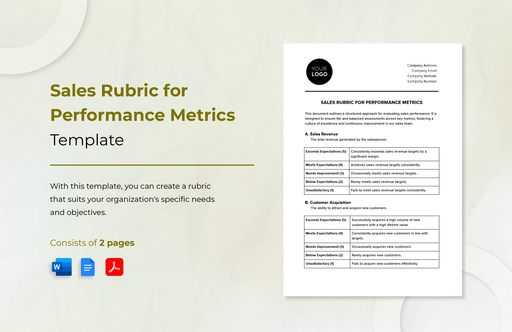 Sales Rubric for Performance Metrics Template in Word, Google Docs, PDF